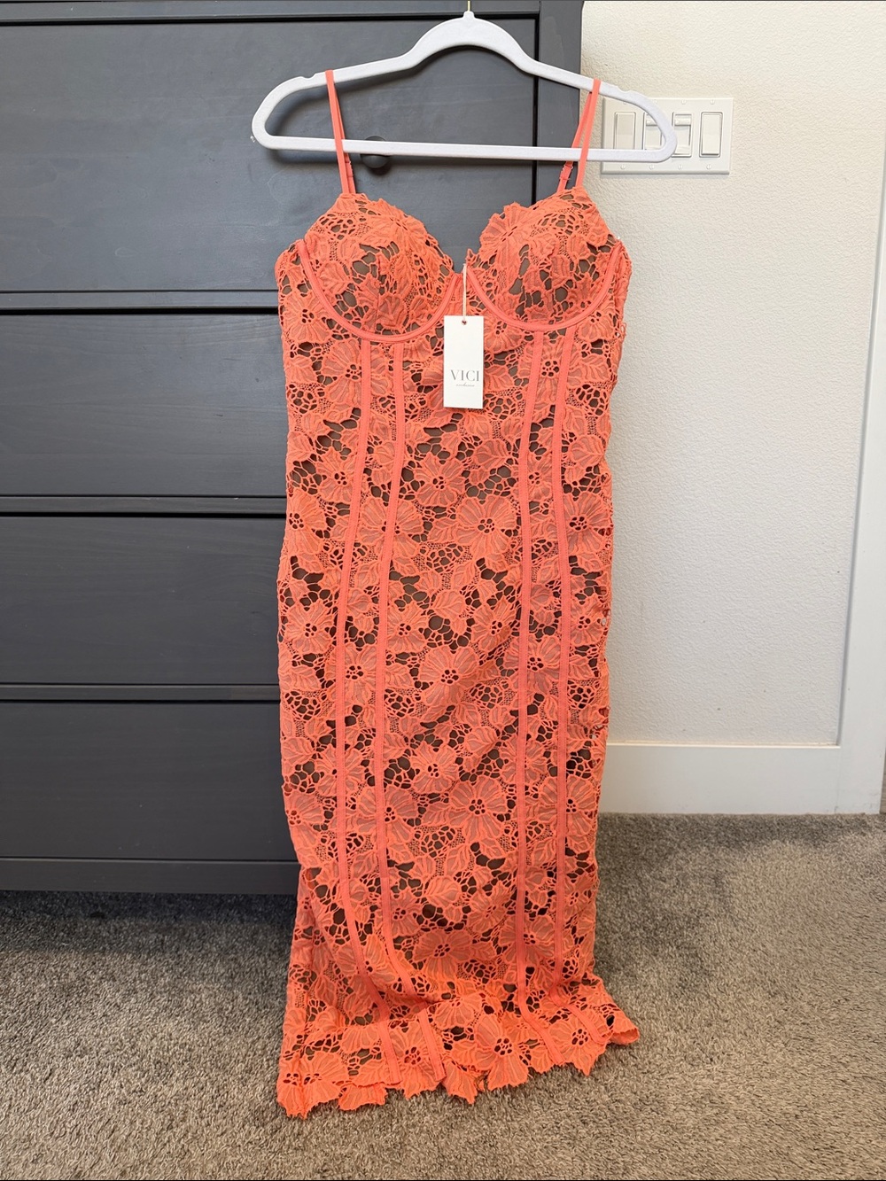 VICI Coral Floral Lace Maxi Dress with Spaghetti Straps